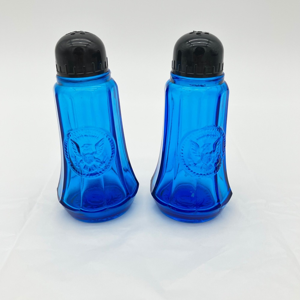 Crownford China Co Salt Pepper Shakers 1966 Cobalt Blue Embossed Eagle Vintage